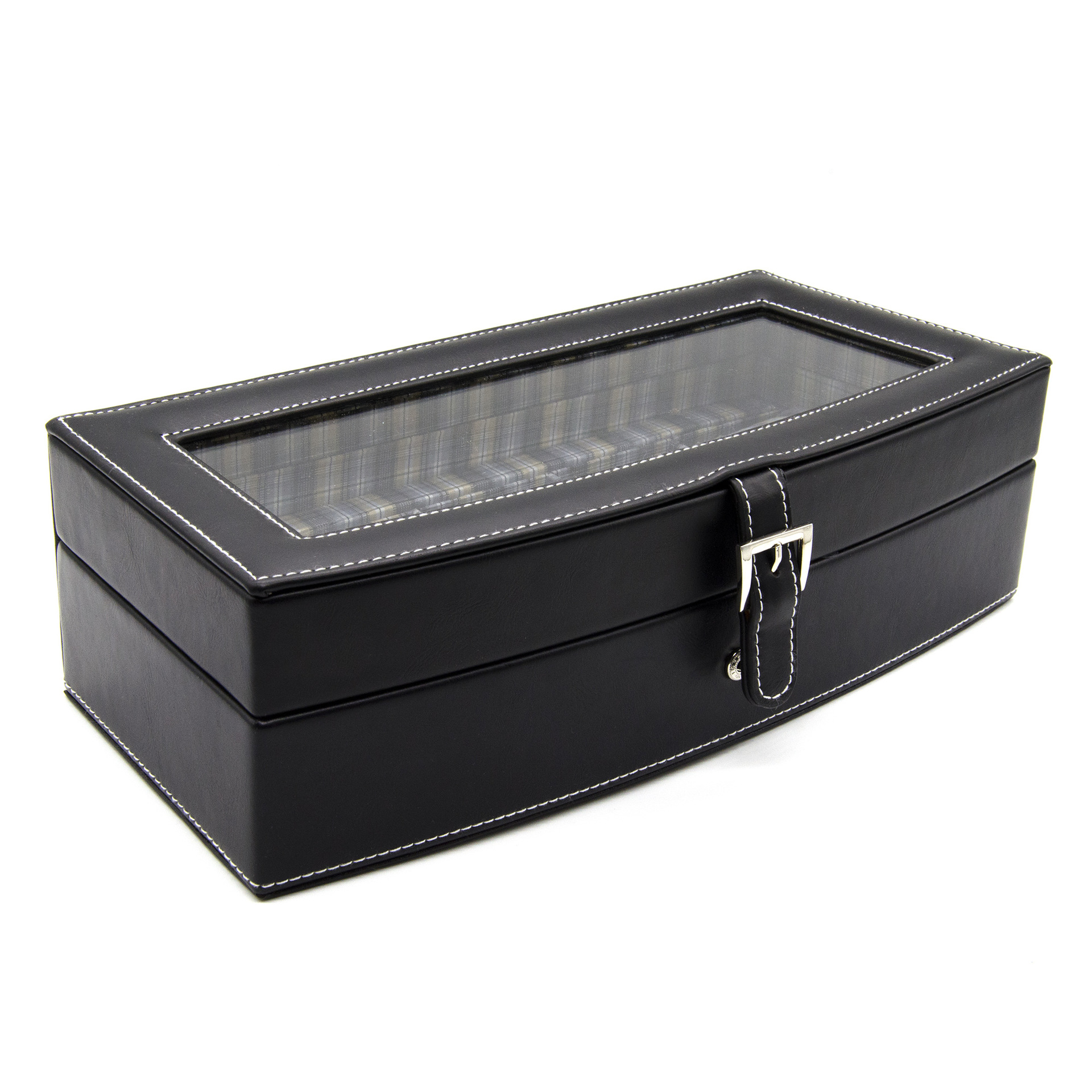 A jewelry box with a watch, a five-bit black leather arc, show a box.